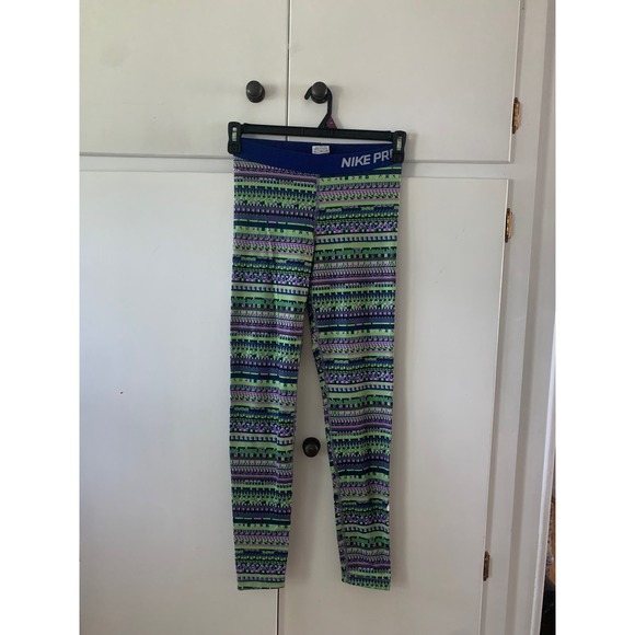 Nike Pro‎ Dri-FIT Leggings Medium Green Purple Pattern Athletic Activewear - Picture 1 of 3